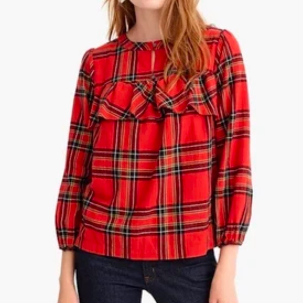 J Crew Ruffle Red Tartan plaid popover flannel cotton shirt